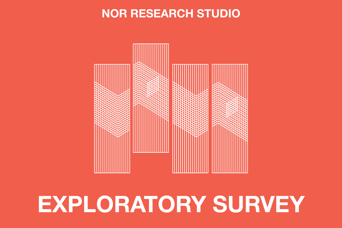 A red banner image with a graphic at centers with text reading "NOR RESEARCH STUDIO" and "EXPLORATORY SURVEY"